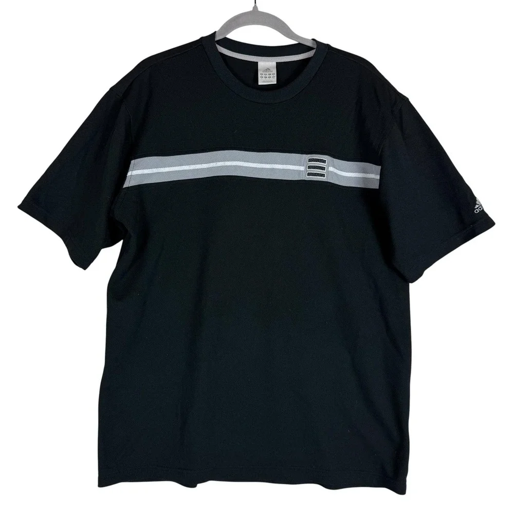 Vintage Adidas Shirt Mens Medium Black Mesh Stripe Short Sleeve Athletic Tee Y2K